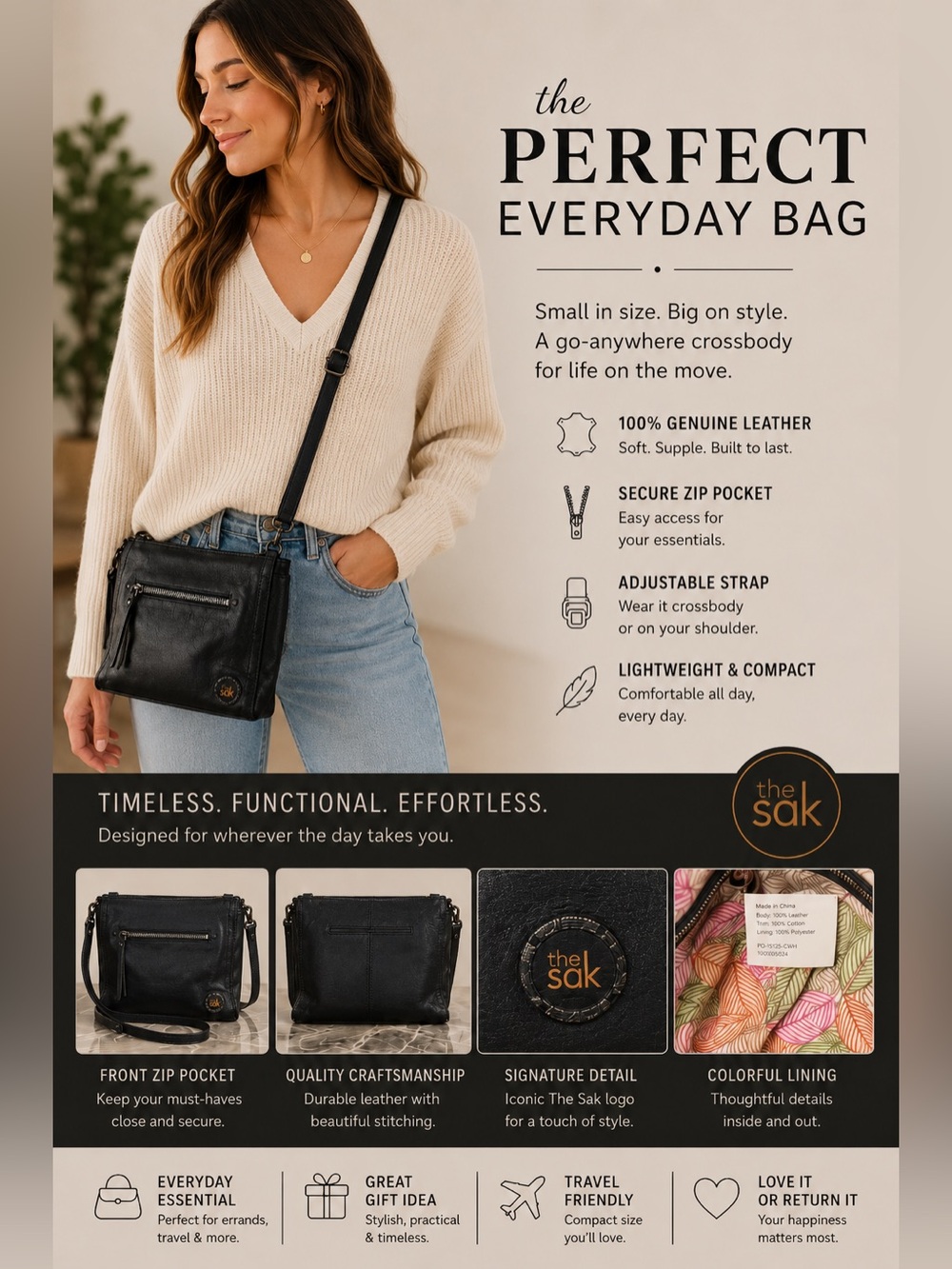 The Sak black leather, small petite Crossbody.